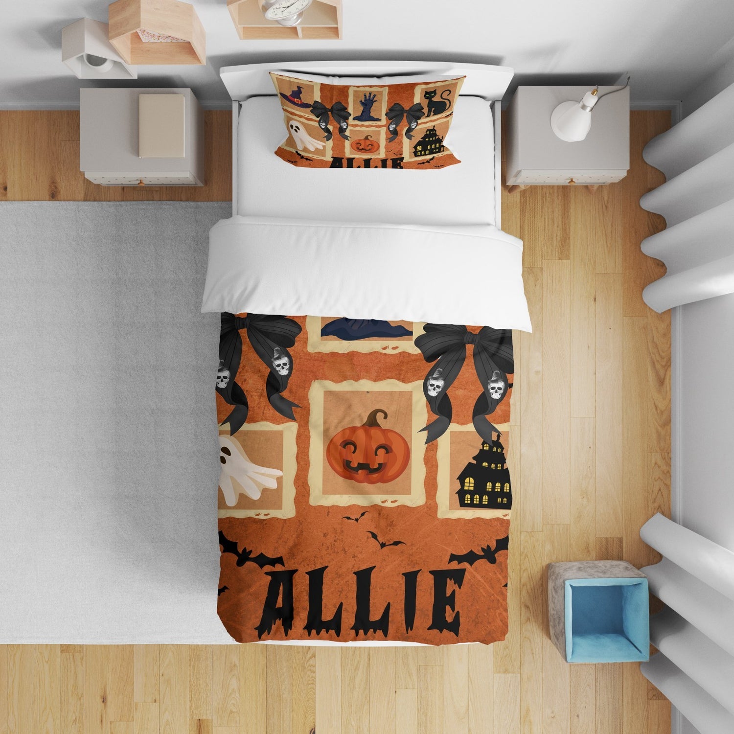 Halloween Spooky Personalised Name Kids Cot Bed Duvet Cover Pillowcase Set Gift