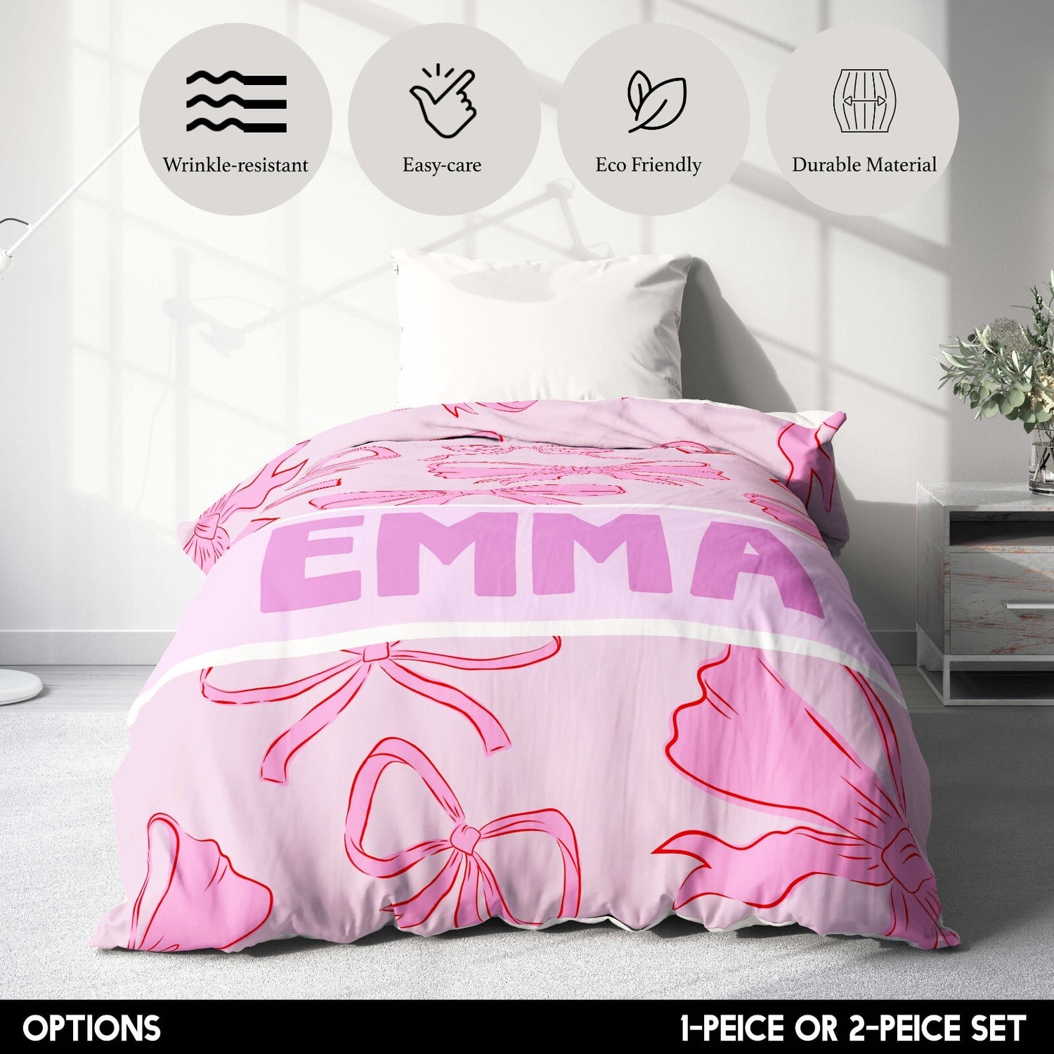 Personalised Name Coloured Pink Bows Printed Single Bed Duvet Cover + Pillowcase