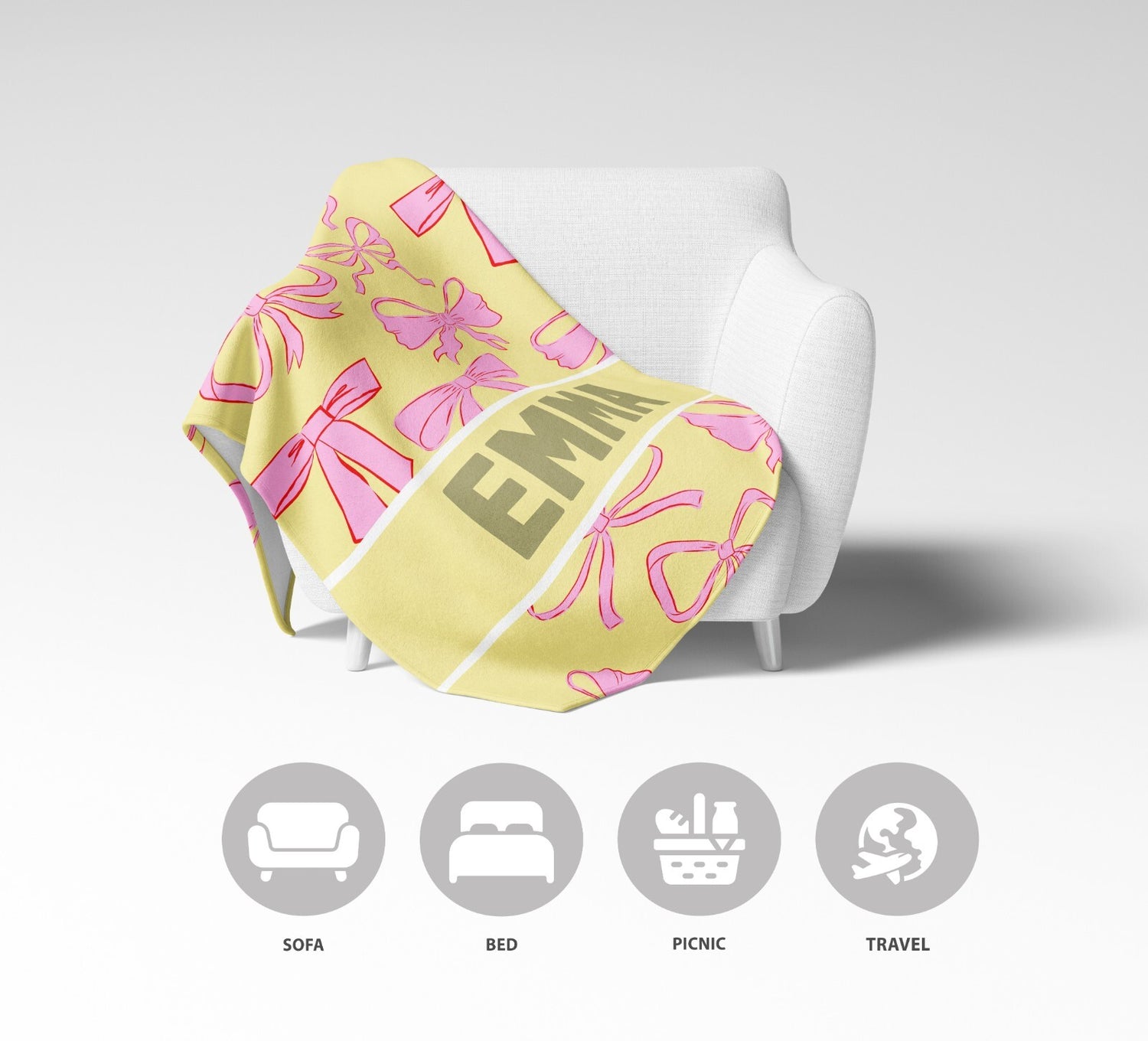 Personalised Name Coloured Pink Bows Printed Soft Warm Fleece Blanket Decor