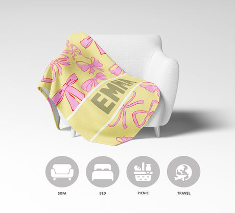 Personalised Name Coloured Pink Bows Printed Soft Warm Fleece Blanket Decor