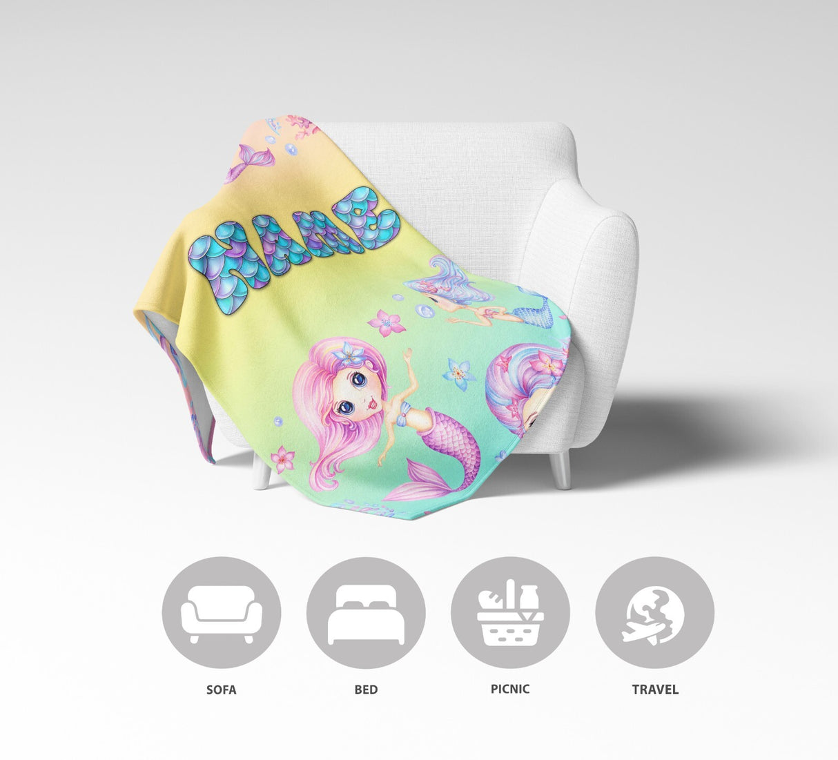 Personalised Name Mermaids + Jellyfish Mythical Soft Warm Fleece Blanket Decor