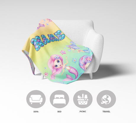 Personalised Name Mermaids + Jellyfish Mythical Soft Warm Fleece Blanket Decor