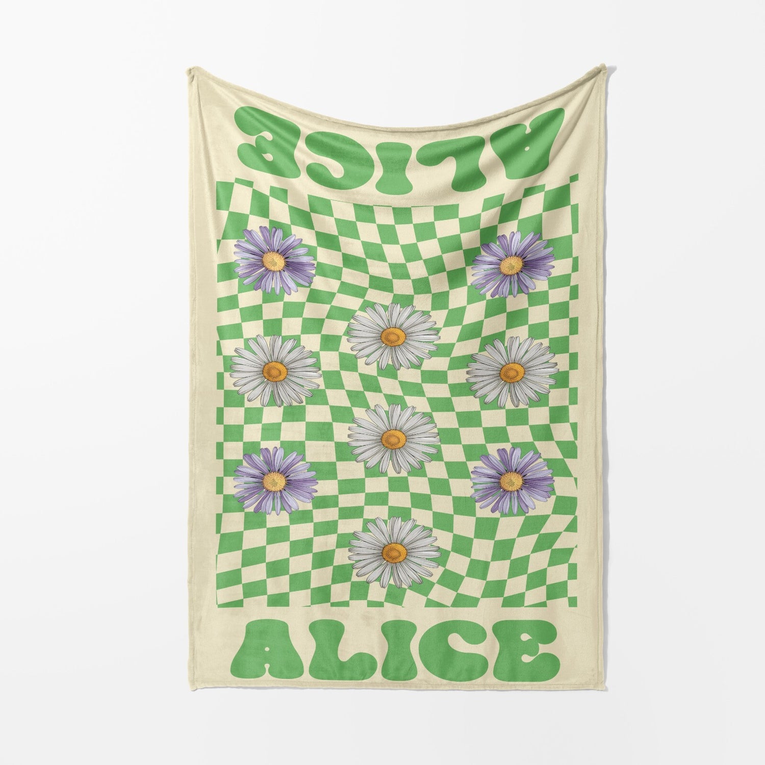 Personalised Custom Name Colour Retro Daisy Check Soft Warm Fleece Blanket Decor