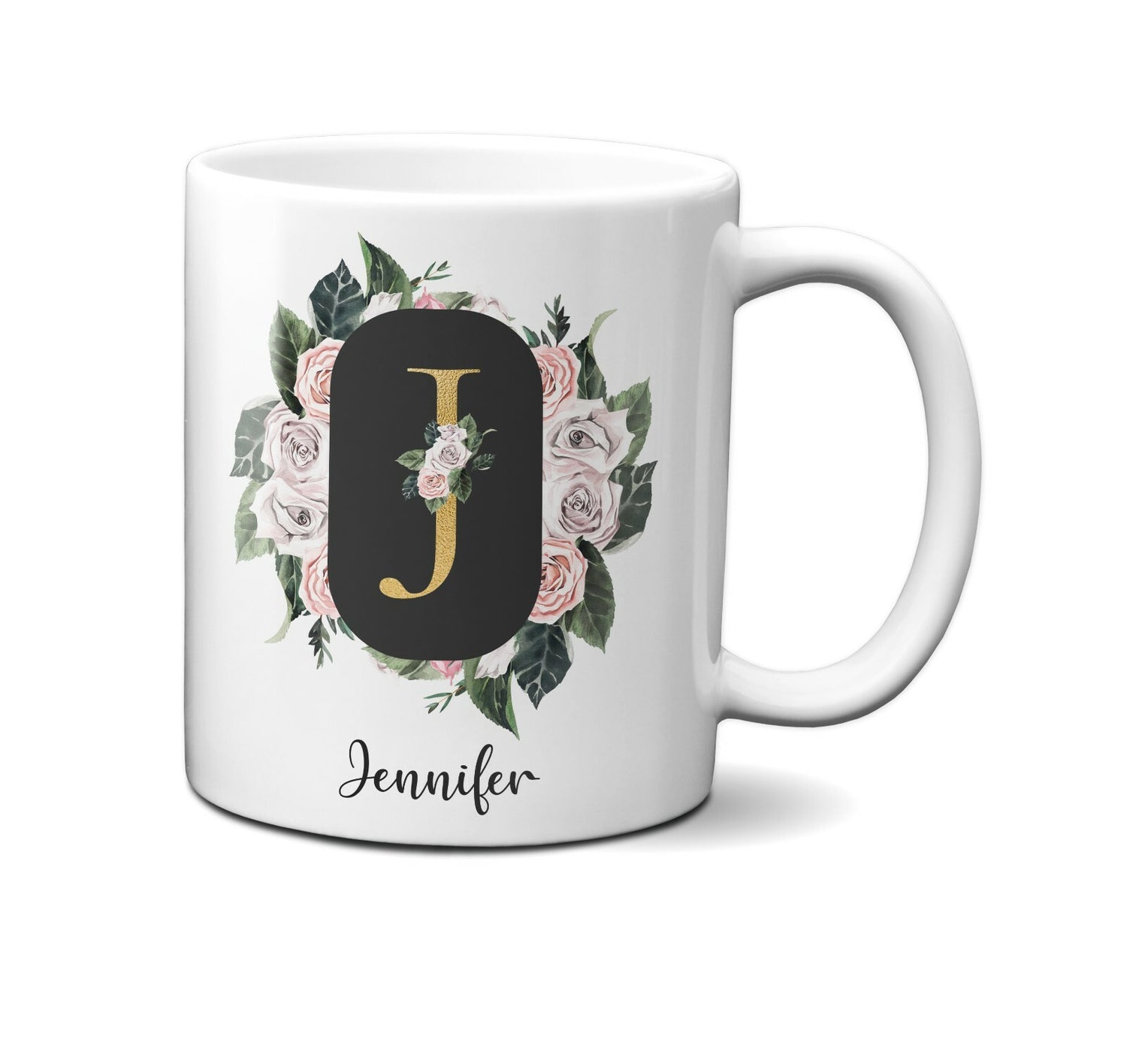 Personalised Floral Frame Gold Floral Name Initial Letter Mug Gift 11oz Ceramic