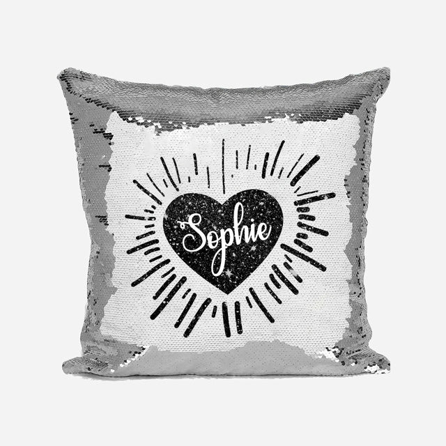 Personalised Name Shiny Sequin Magic Love Heart Sparkles Cushion Cover + Pillow