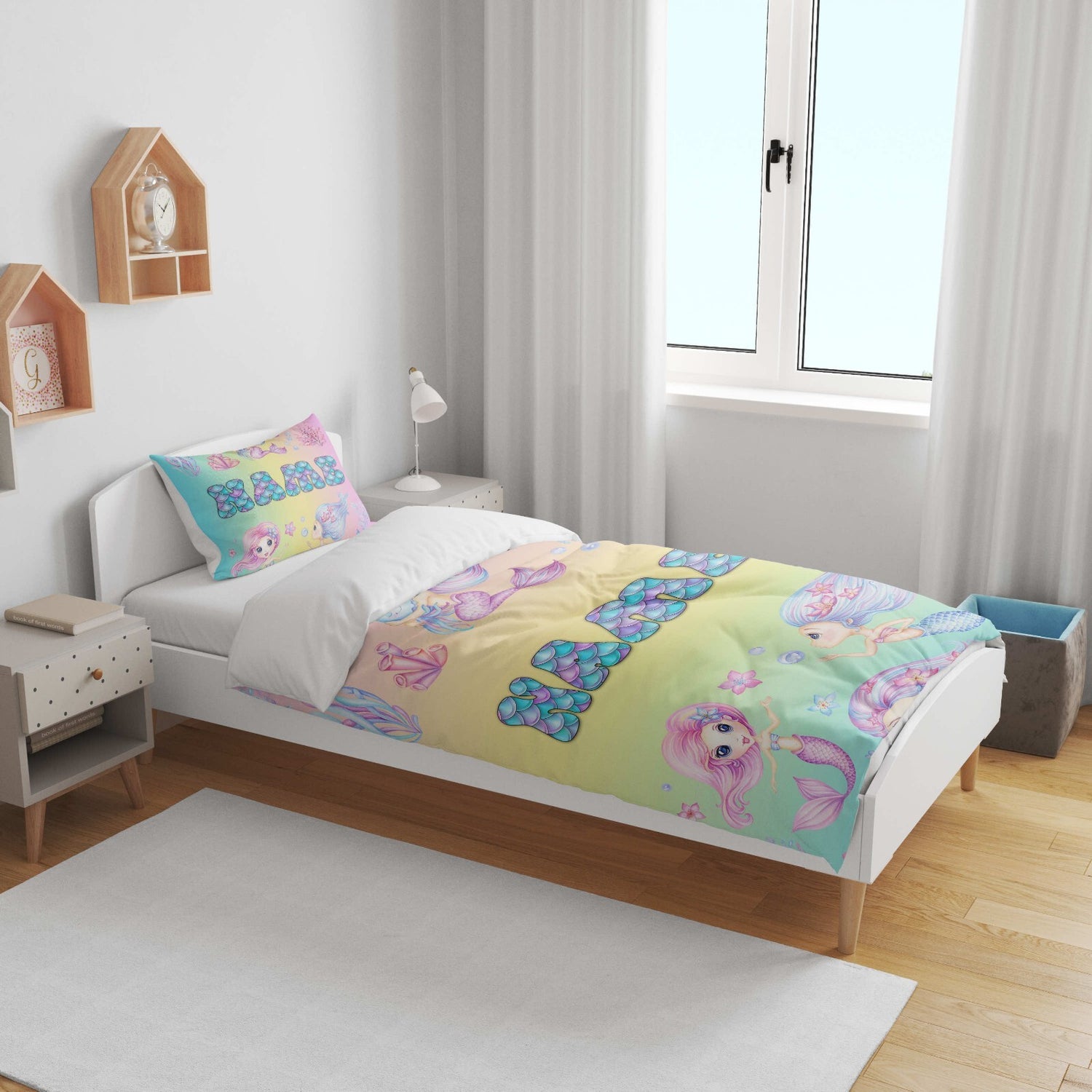 Personalised Name Mermaids + Jellyfish Kids Cot Bed Duvet Cover + Pillowcase