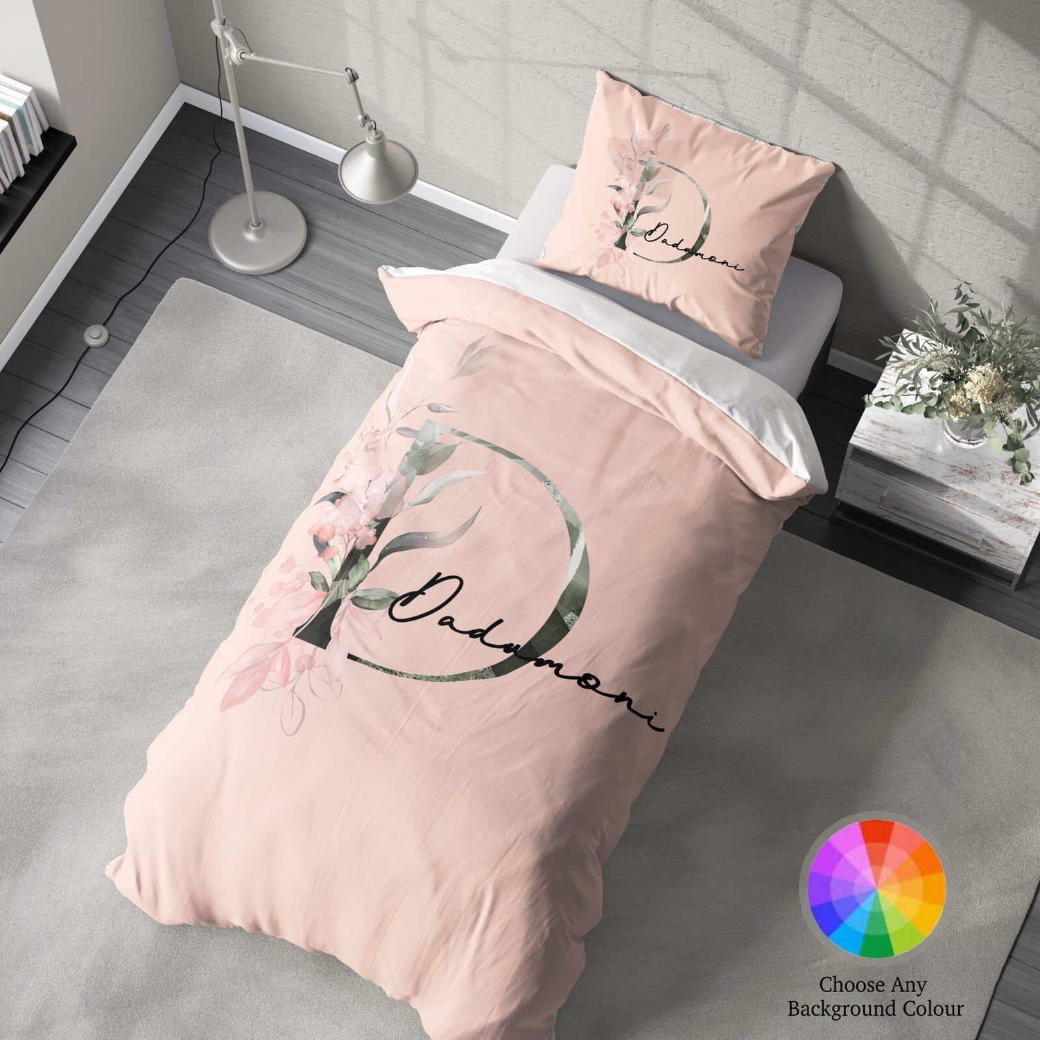 Personalised Name Botanical Blush Initial Single Bed Duvet Cover Pillowcase Set