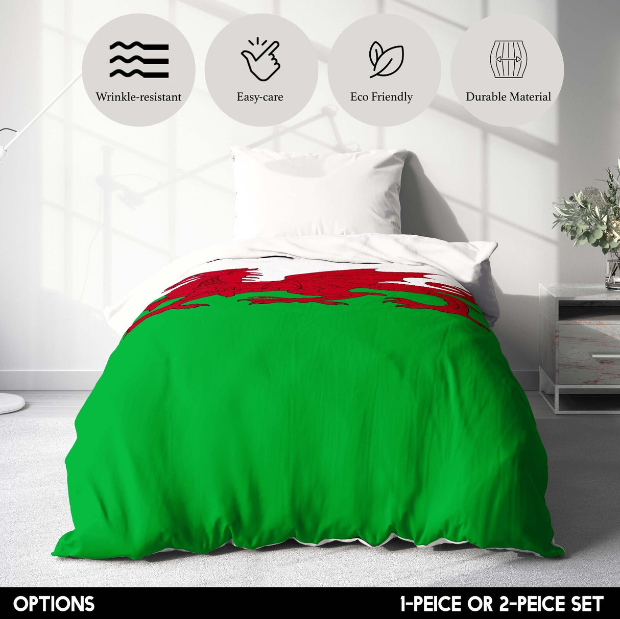 Wales Flag Welsh Dragon Single Size Bed Duvet Cover Quilt + Pillowcase Option
