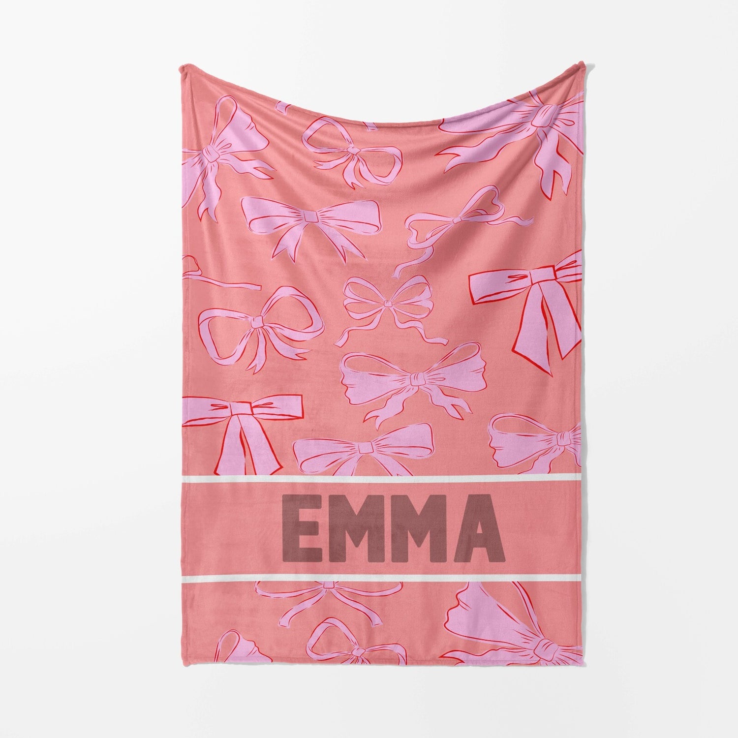 Personalised Name Coloured Pink Bows Printed Soft Warm Fleece Blanket Decor