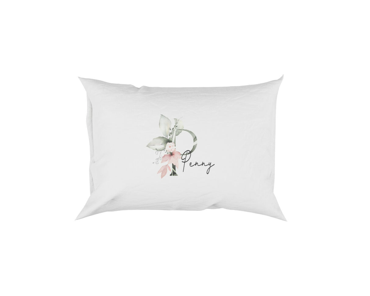 Personalised Your Name Gentle Botanical Blush Initial Letter Pillow Case Gift