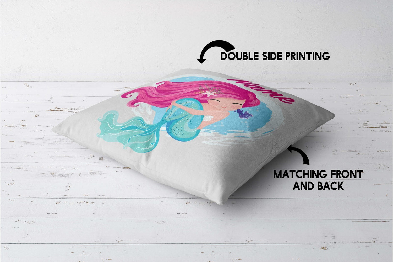 Personalised Custom Name Colour Mythical Mermaid Square Fill Zip Cushion Throw