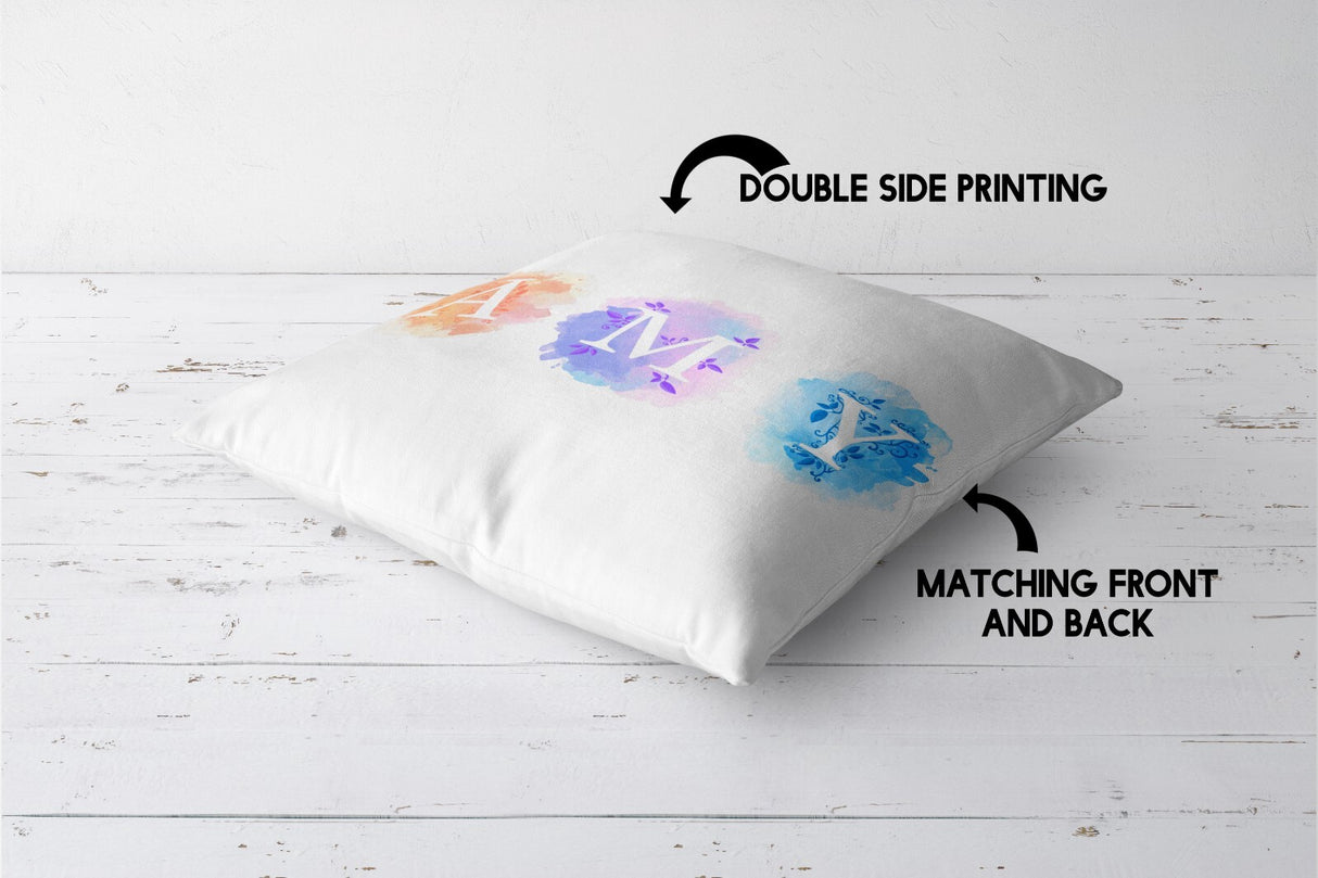 Personalised Name Watercolour Letters Font Kids Soft Square Filled Cushion Decor