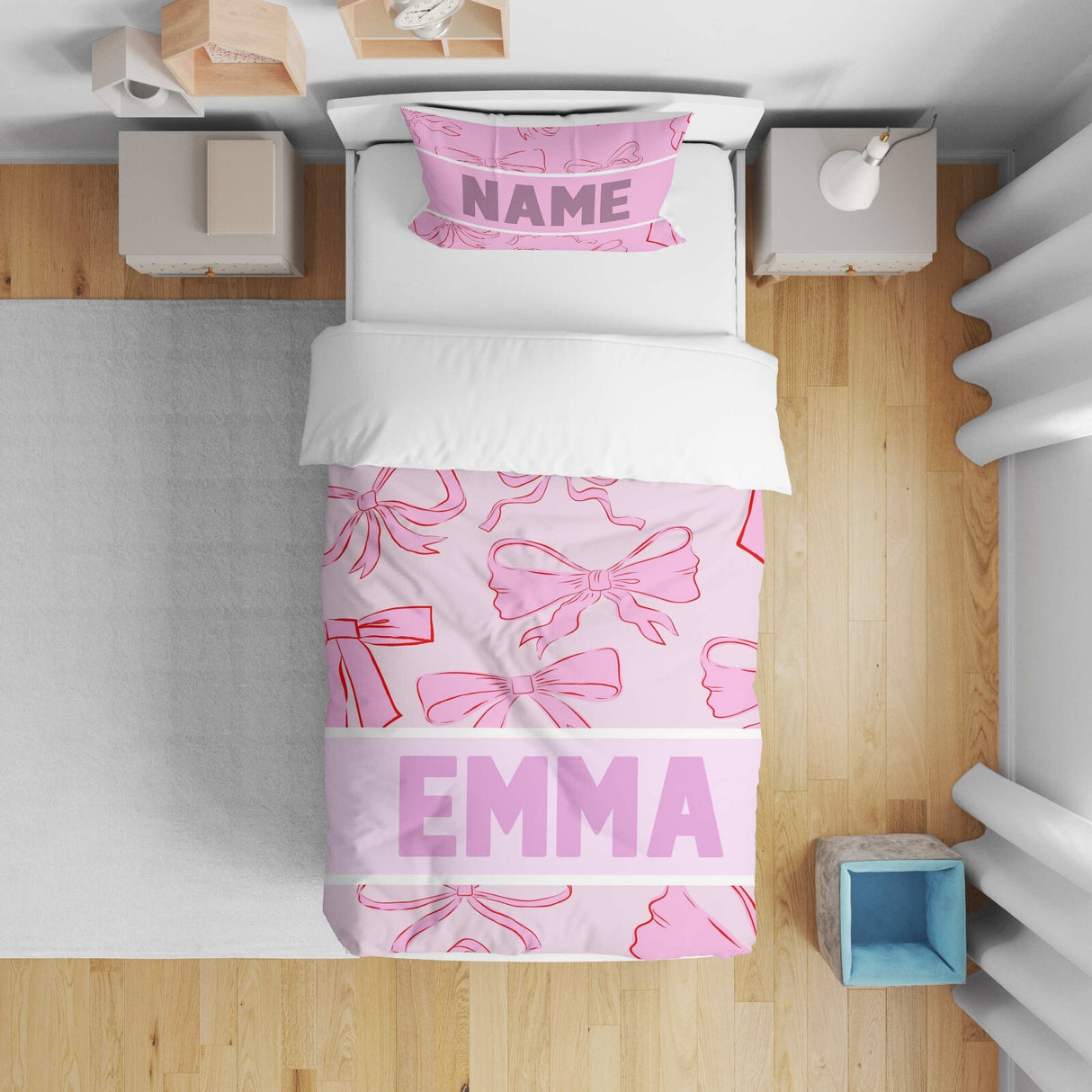 Personalised Name Coloured Pink Bows Kids Cot Bed Duvet Cover + Pillowcase