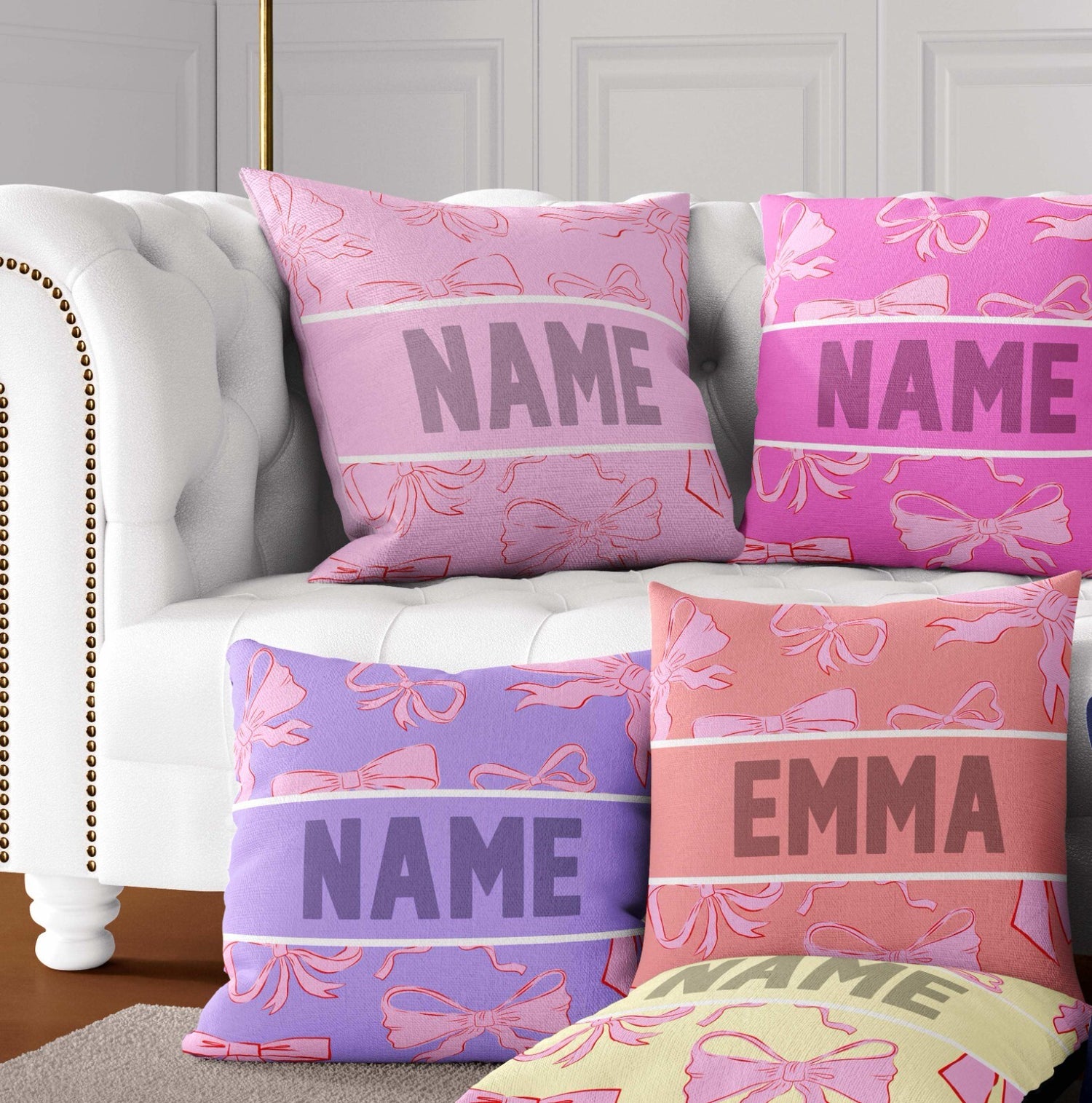 Personalised Name Coloured Pink Bows Printed Square Fillled Zipped Cushion Throw