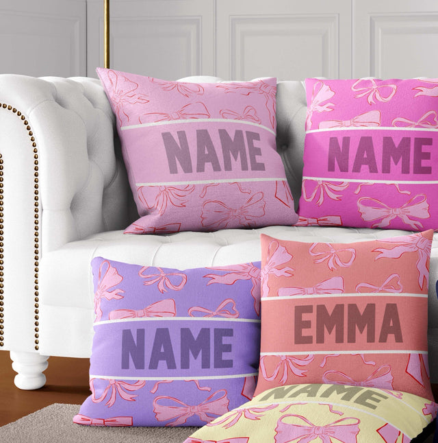 Personalised Name Coloured Pink Bows Printed Square Fillled Zipped Cushion Throw
