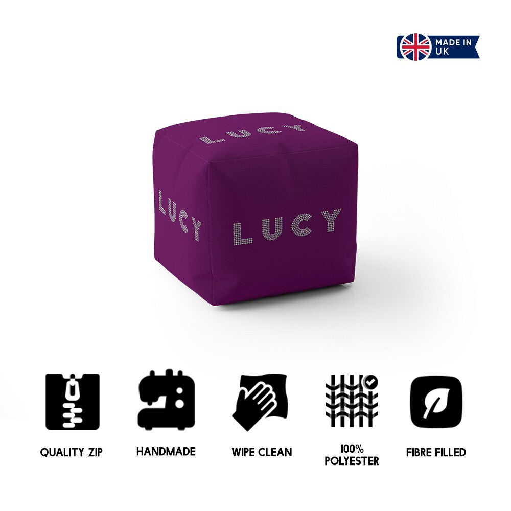 Personalised Any Name Diamond Gems Colour Ottoman Filled Pouffe Washable Cover