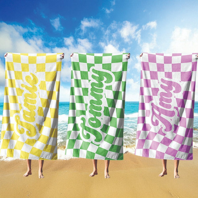 Personalised Custom Name Retro Vans Check Soft Absorbent Beach Bath Sheet Towel