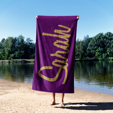 Personalised Name Gold Glitter Custom Colour Absorbent Beach Bath Sheet Towel
