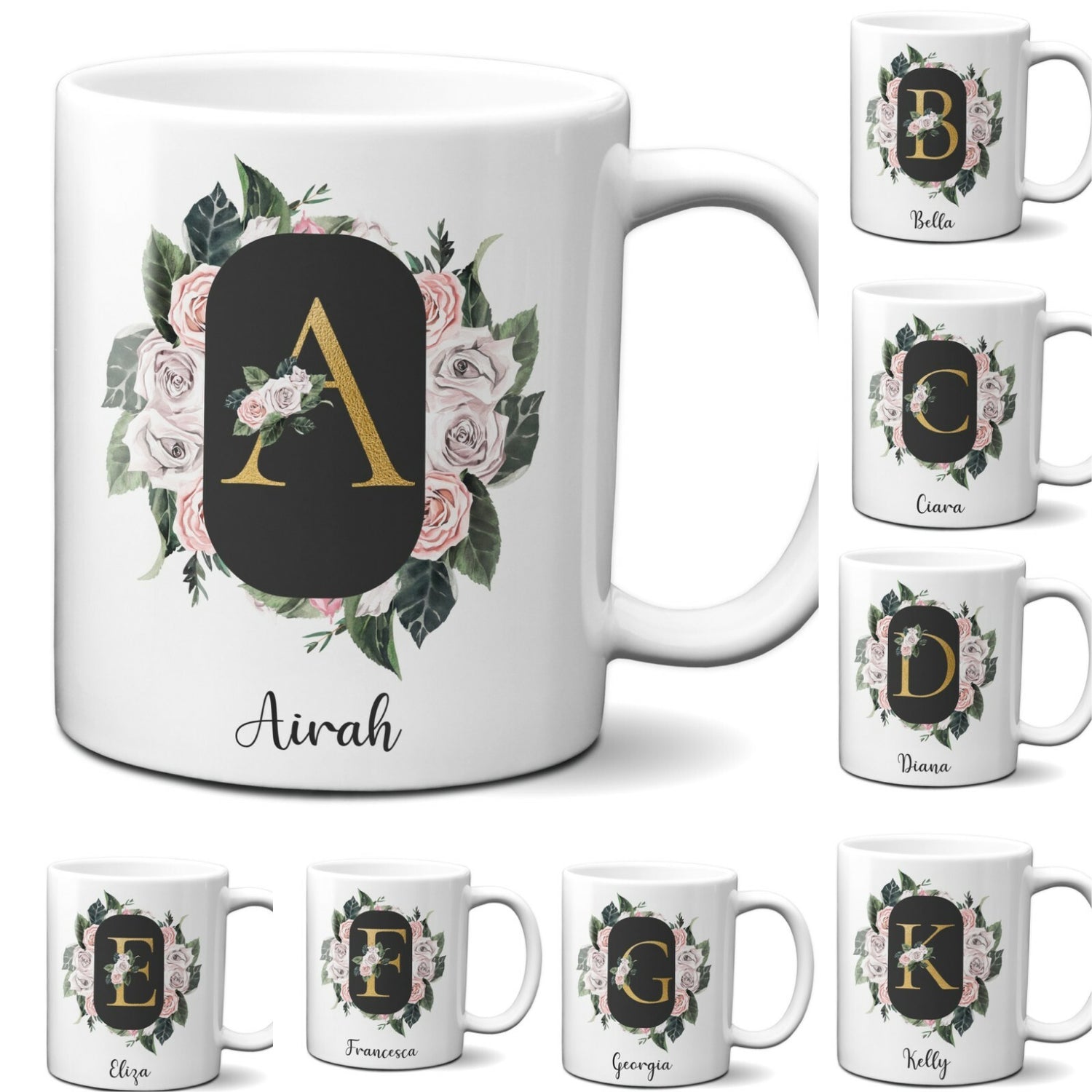 Personalised Floral Frame Gold Floral Name Initial Letter Mug Gift 11oz Ceramic