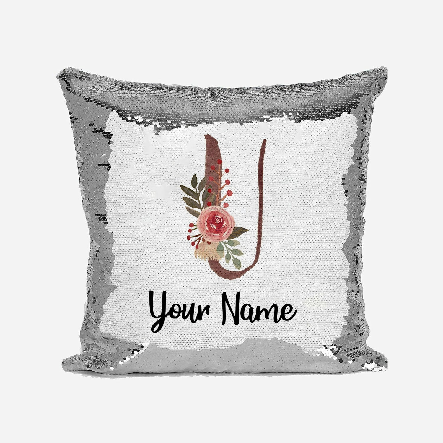 Personalised Floral Watercolour Effect Alphabet Sequin Magic Cushion + Pillow