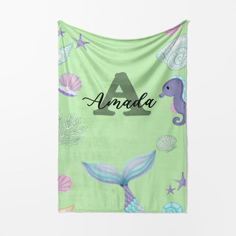 Personalised Name Colour Mermaid Tail Monogram Kids Soft Fleece Blanket Decor