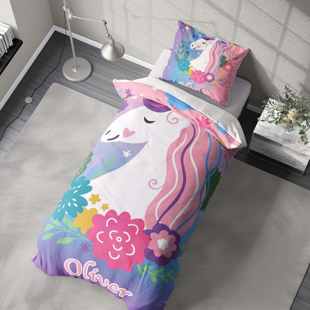 Personalised Name Unicorn Dream Fantasy Single Bed Duvet Cover + Pillowcase Set