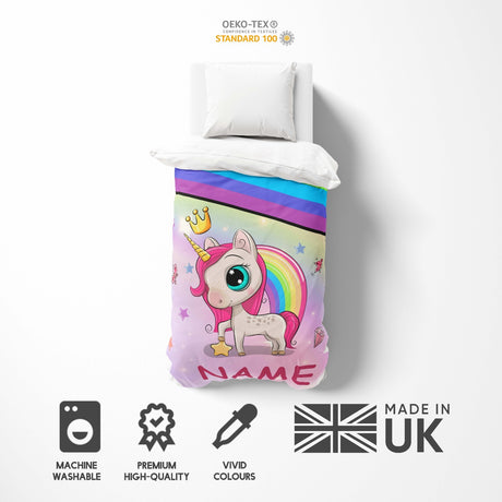 Personalised Name Unicorn Rainbow Mythical Single Bed Duvet Cover + Pillowcase