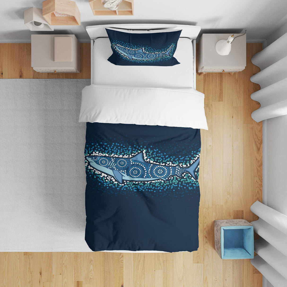 Custom Made Shark Ocean Sea Blue Design Kids Cot Bed Duvet Cover + Pillowcase