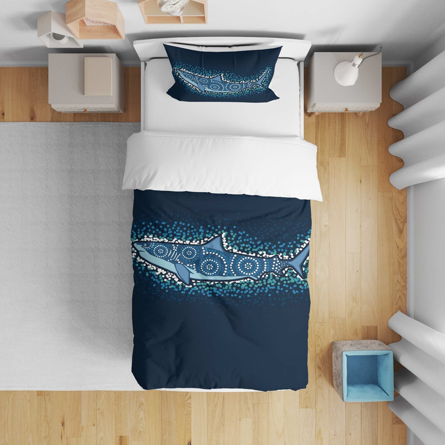 Custom Made Shark Ocean Sea Blue Design Kids Cot Bed Duvet Cover + Pillowcase