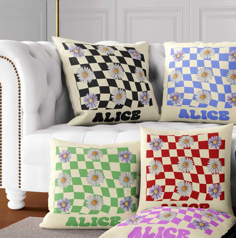 Personalised Custom Name Colour Retro Daisy Check Square Fill Zip Cushion Throw