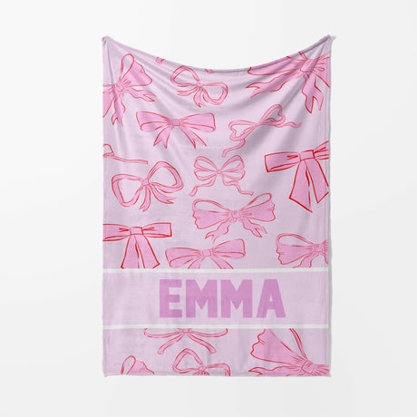 Personalised Name Coloured Pink Bows Printed Soft Warm Fleece Blanket Decor