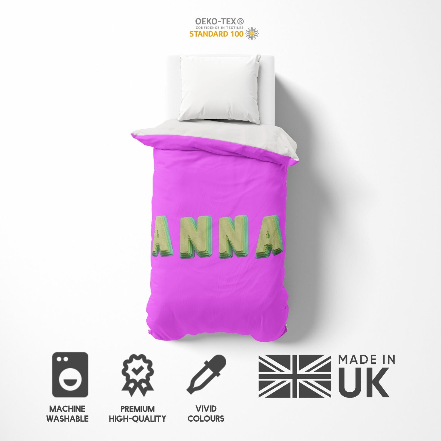 Personalised Any Name Bold Pixel 3D Soft Single Size Novelty Bed Duvet Cover