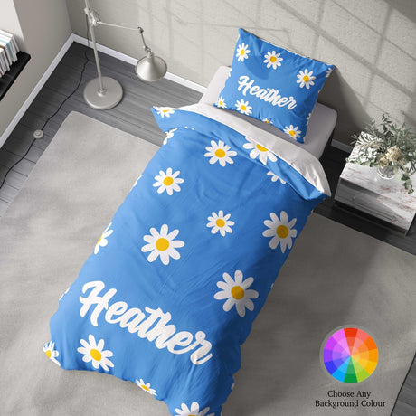 Personalised Custom Name Colour Floral Daisy Single Bed Duvet Cover + Pillowcase