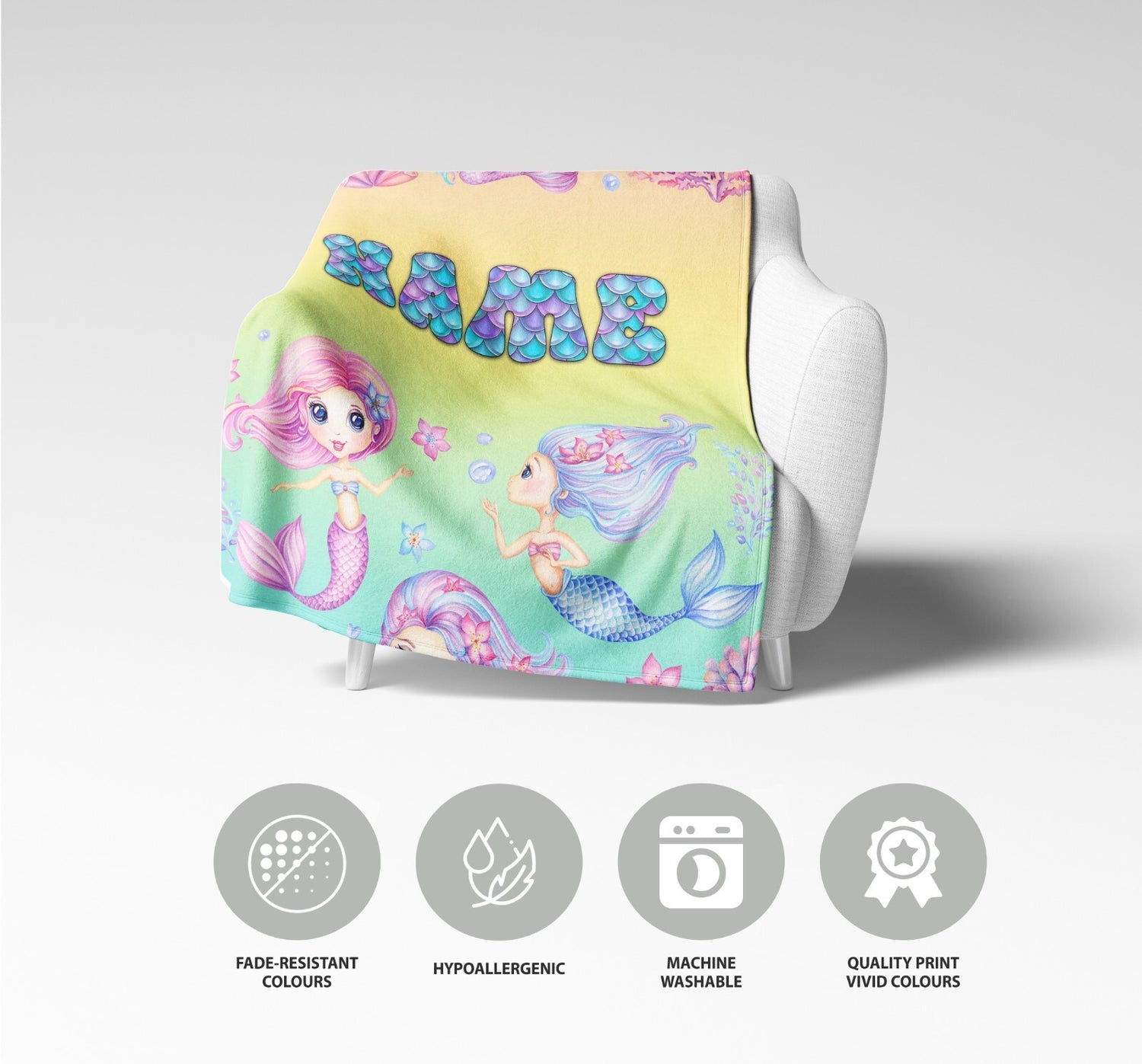 Personalised Name Mermaids + Jellyfish Mythical Soft Warm Fleece Blanket Decor