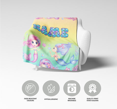 Personalised Name Mermaids + Jellyfish Mythical Soft Warm Fleece Blanket Decor