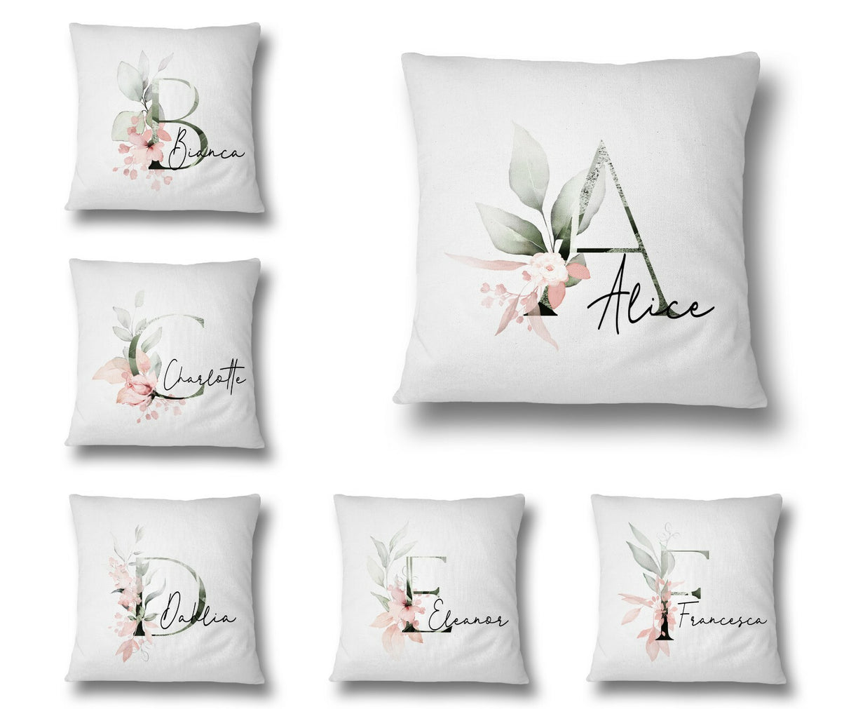 Personalised Gentle Botanical Blush Pink Initial Letter Cushion Cover Pillow