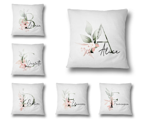 Personalised Gentle Botanical Blush Pink Initial Letter Cushion Cover Pillow
