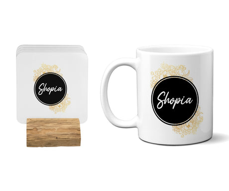 Black Circle Gold Floral Personalisable Name 11oz Mug And Coaster Set Option