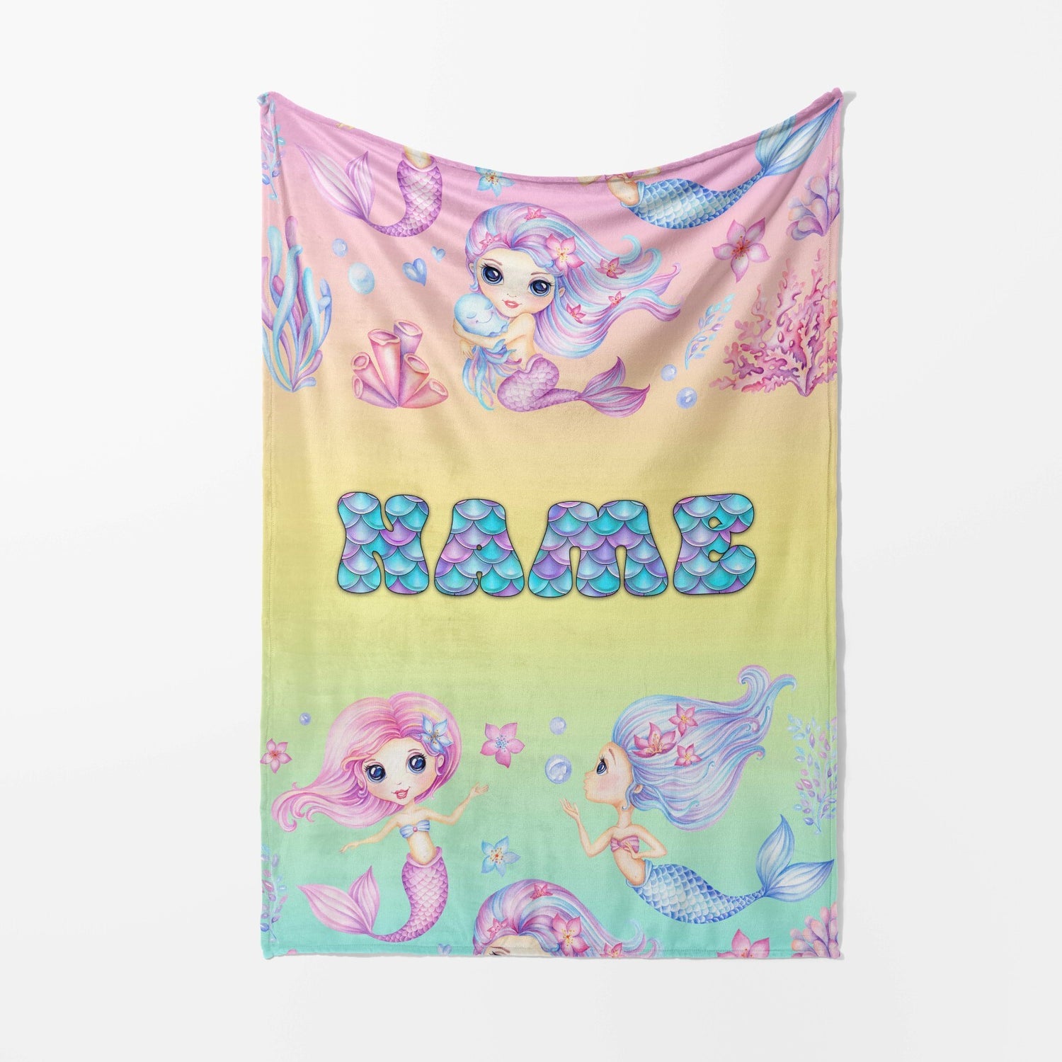 Personalised Name Mermaids + Jellyfish Mythical Soft Warm Fleece Blanket Decor