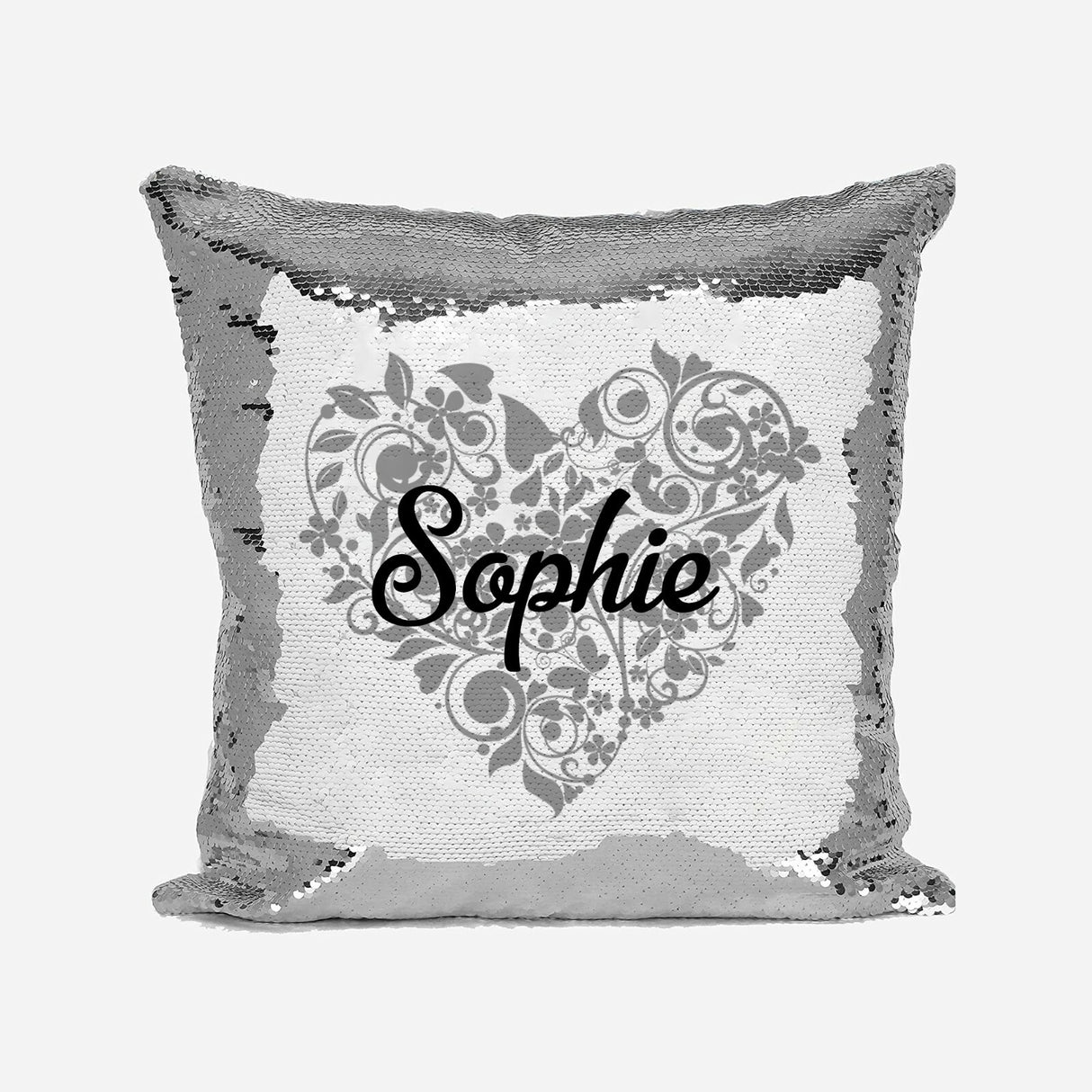 Personalised Name Shiny Sequin Magic Floral Heart Cushion Cover + Pillow Kids