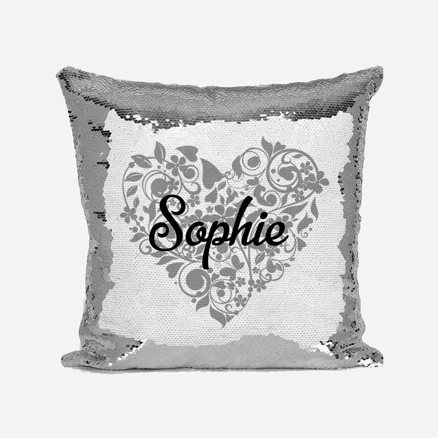 Personalised Name Shiny Sequin Magic Floral Heart Cushion Cover + Pillow Kids
