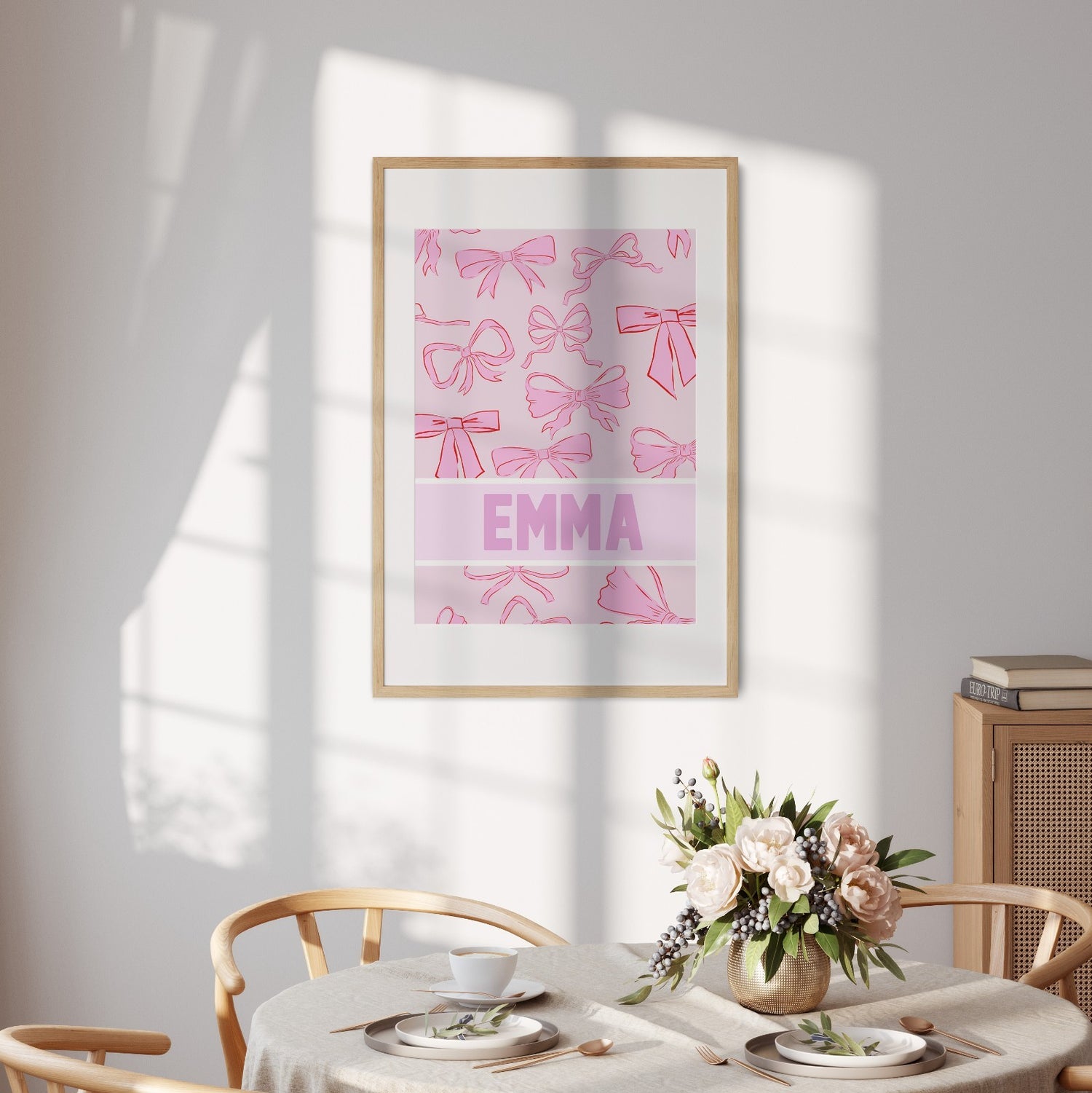 Coloured Pink Bows Personalised Name Wall Art Poster Picture Print Decor