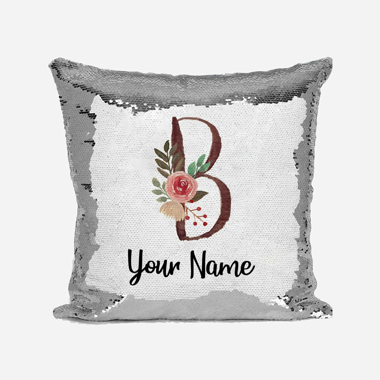 Personalised Floral Watercolour Effect Alphabet Sequin Magic Cushion + Pillow