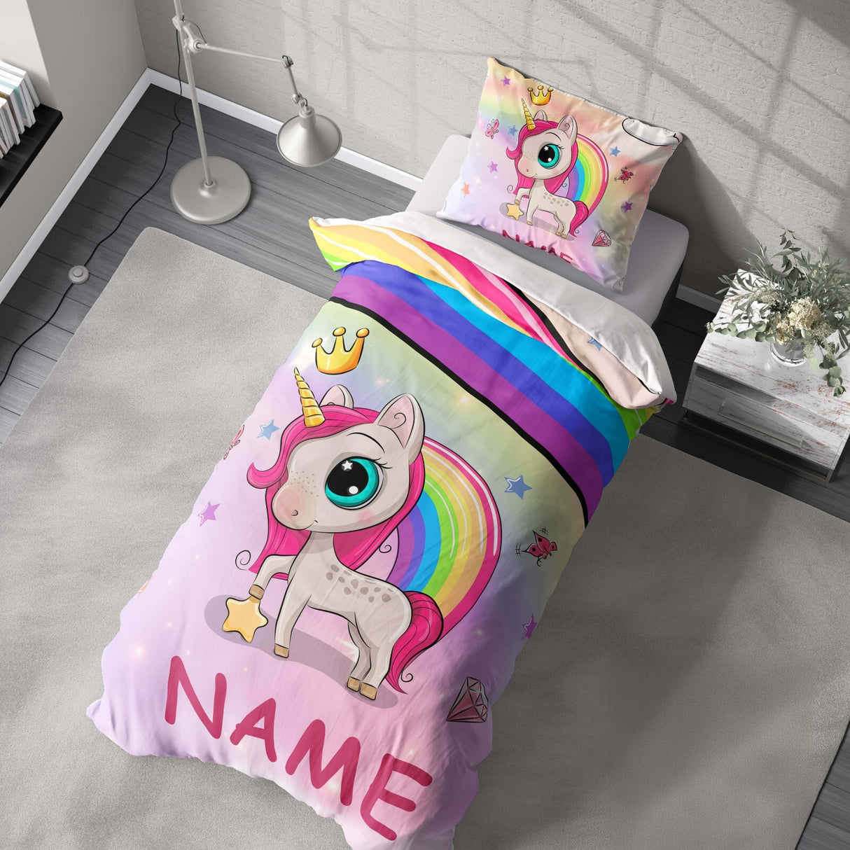 Personalised Name Unicorn Rainbow Mythical Single Bed Duvet Cover + Pillowcase