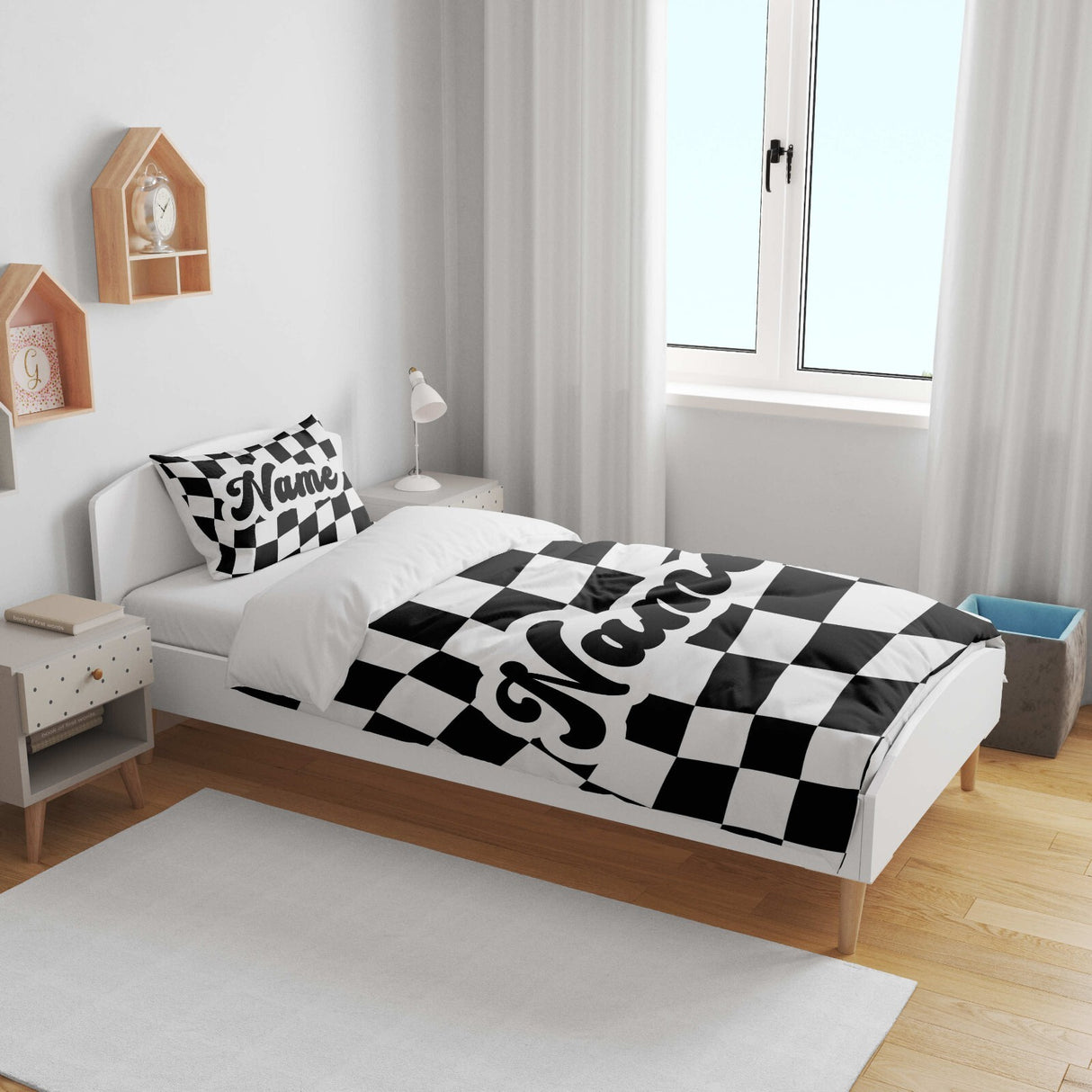 Personalised Custom Name Retro Vans Check Kids Cot Bed Duvet Cover + Pillowcase