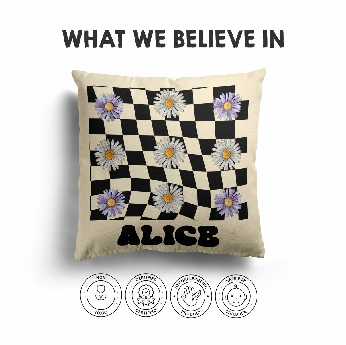 Personalised Custom Name Colour Retro Daisy Check Square Fill Zip Cushion Throw