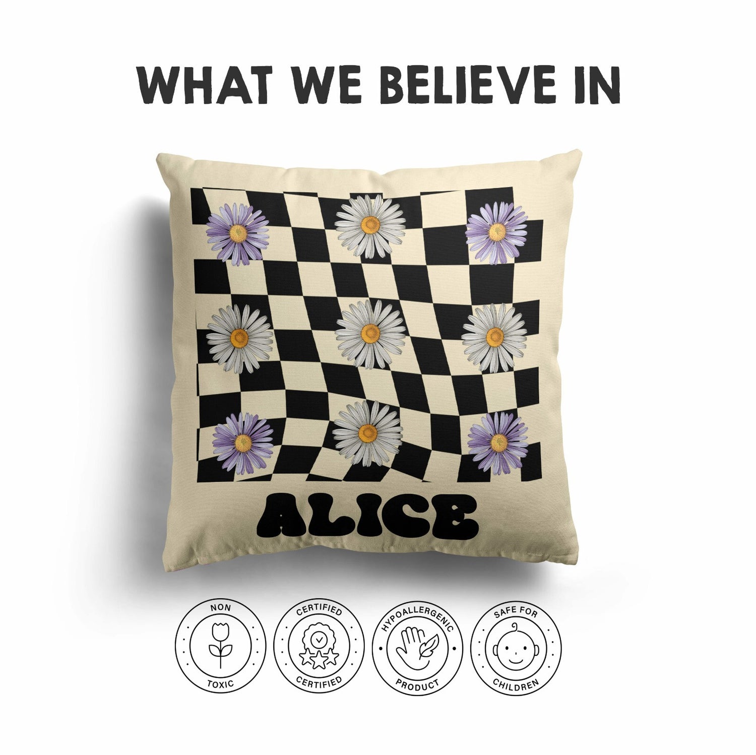 Personalised Custom Name Colour Retro Daisy Check Square Fill Zip Cushion Throw