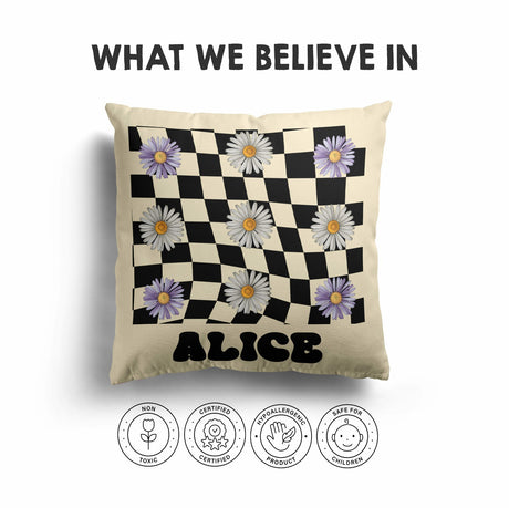 Personalised Custom Name Colour Retro Daisy Check Square Fill Zip Cushion Throw