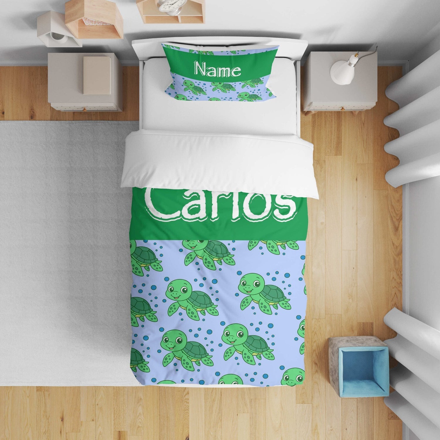 Personalised Custom Name Cartoon Baby Turtles Cot Bed Duvet Cover + Pillowcase