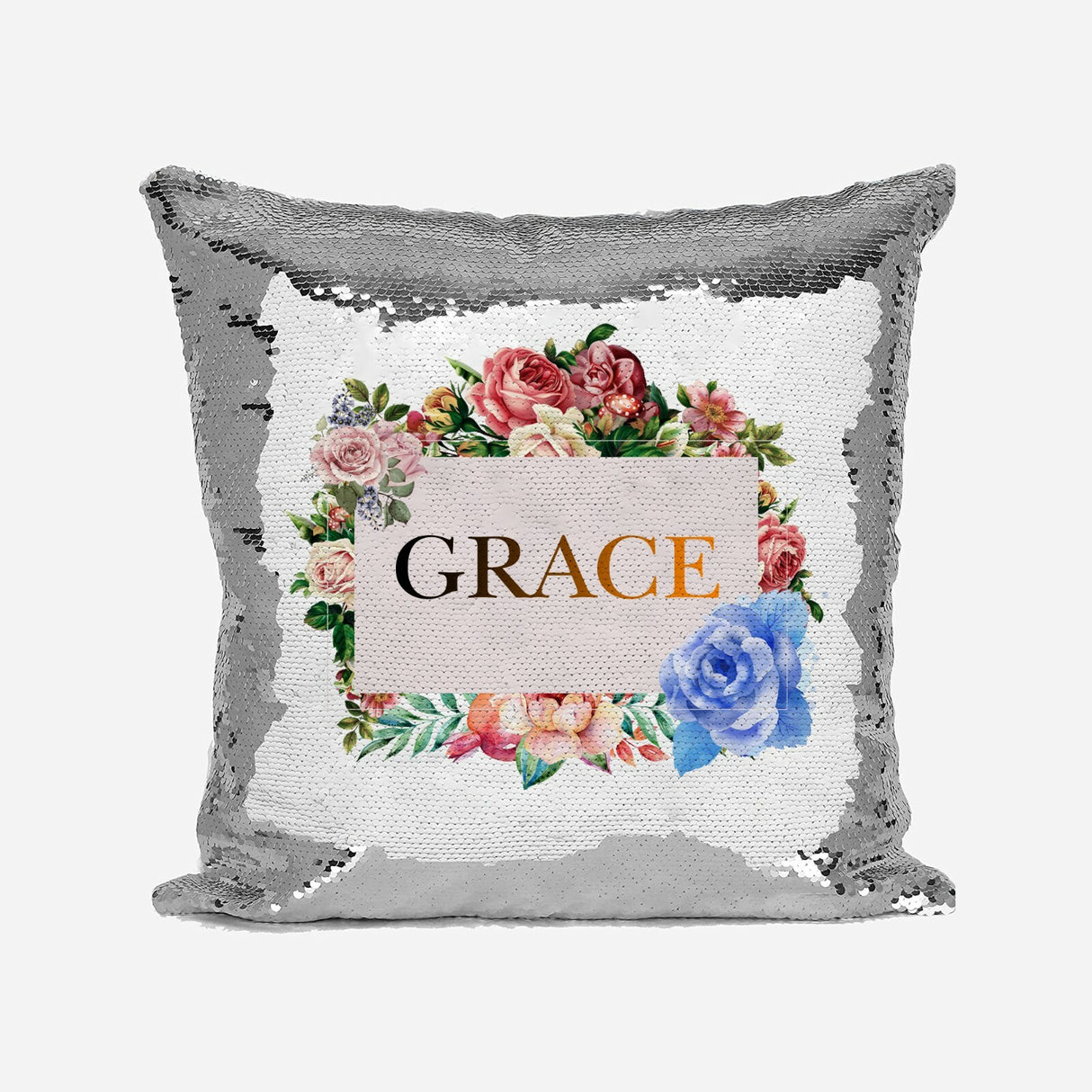 Personalised Name Shiny Sequin Magic Floral Border Cushion Cover + Pillow Kids